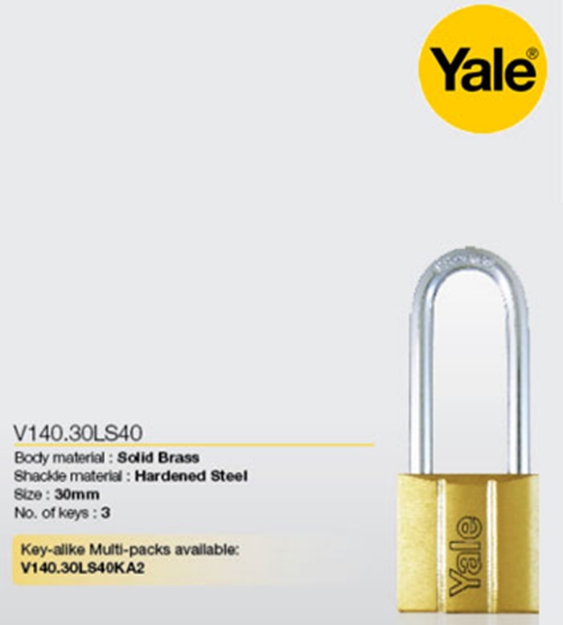 Picture of Yale V140.30 LS40 KA2, Long Shackle Brass Padlocks 140 Series Key Alike 2, V14030LS40