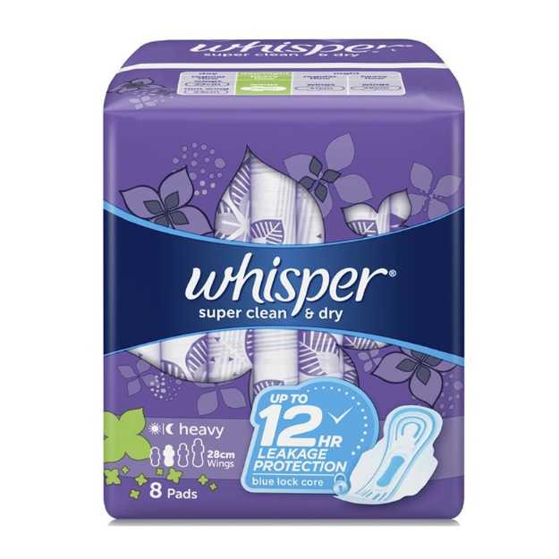 Picture of Whisper Super Clean & Dry, Heavy Flow & Overnights 8 Pads With Wings,  WHI117